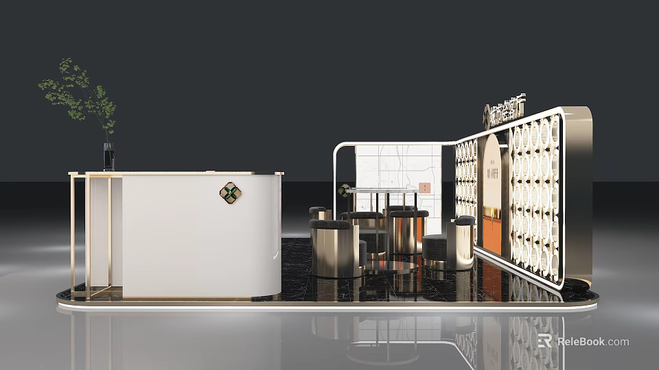 Modern Sales Office Interior Design With Reception Desk And Display Wall 3d model 