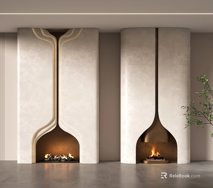 Modern Fireplaces In Interior With Unique Design And Burning Flames 3d model 