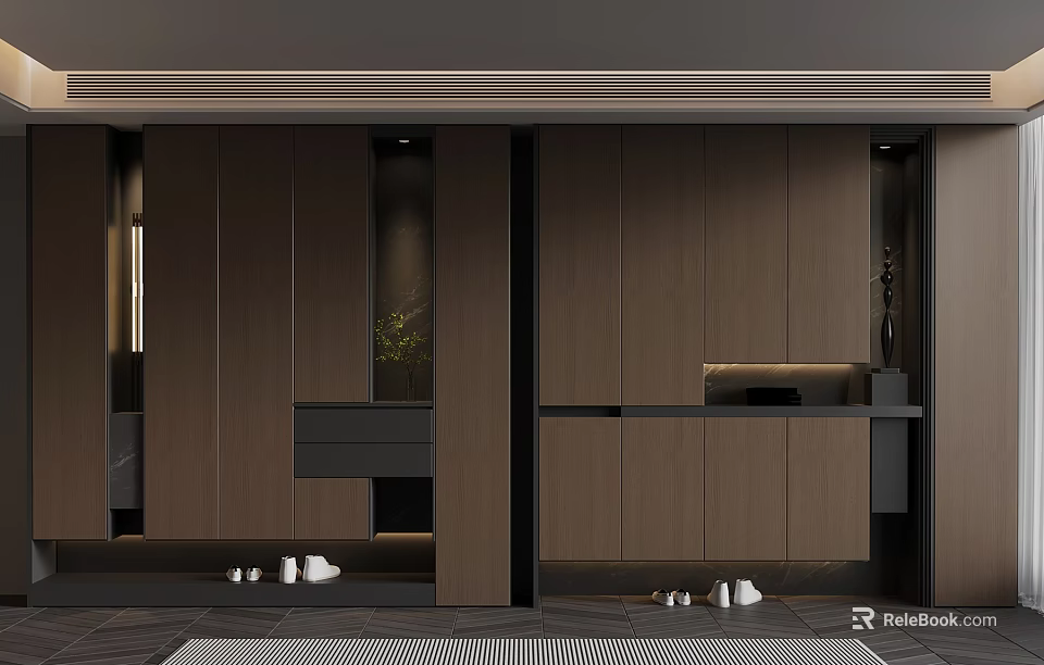 Modern Entryway Storage Design With Dark Brown Cabinets Shoe Storage Lighting And Decorative Plant 3d model 