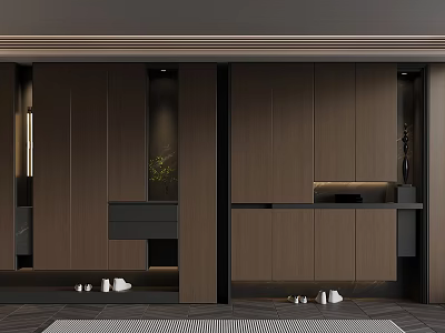 Modern Entryway Storage Design With Dark Brown Cabinets Shoe Storage Lighting And Decorative Plant 3d model