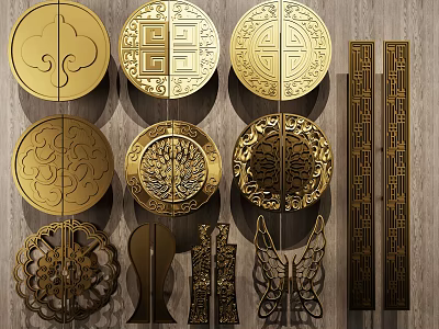 Golden Decorative Door Handles With Traditional Chinese Patterns And Ornate Designs 3d model