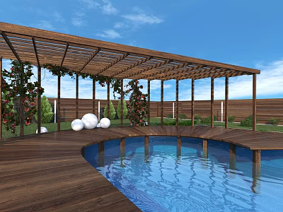Garden Landscape With Wooden Pergola Climbing Plants Swimming Pool And Wooden Deck 3d model