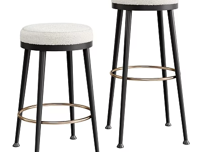 Modern Bar Stools With Black Metal Legs White Plush Seat And Gold Ring Accent 3d model