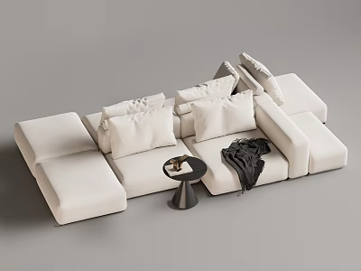 White Sectional Sofa With Modular Design Plush Cushions Small Round Table And Cozy Throw Blanket 3d model
