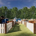 Lush Grassy Outdoor Area With Green Trees White Fence Small Tents And Rabbits