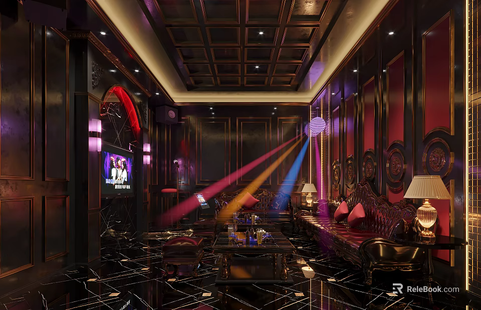 Luxury KTV Lounge Interior With Modern Lighting Comfortable Sofa And TV Screen 3d model 