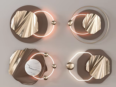 Modern Gold Geometric Wall Decor with Marble Accents Illuminated Rings and Spheres 3d model