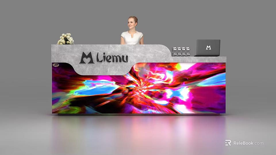 Modern Reception Desk With Liemu Logo Vibrant Colorful Pattern Laptop And Standing Staff 3d model 