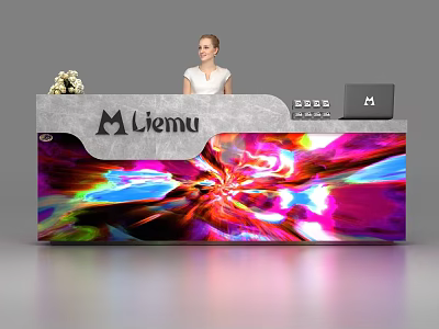 Modern Reception Desk With Liemu Logo Vibrant Colorful Pattern Laptop And Standing Staff 3d model