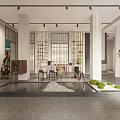 Modern Elegant Interior Space With Wooden Partitions Long Table Chairs Hanging Lights And Decorative Wall