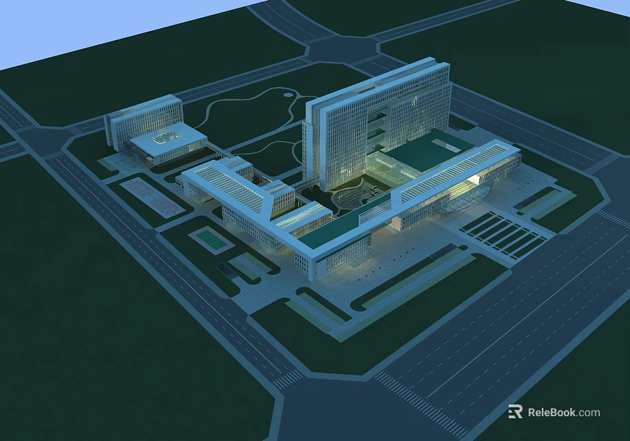 Modern Hospital Building Architectural Design With Interconnected Wings Glass Facade And Landscaped Areas 3d model 