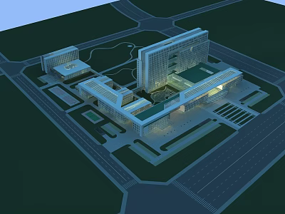 Modern Hospital Building Architectural Design With Interconnected Wings Glass Facade And Landscaped Areas 3d model