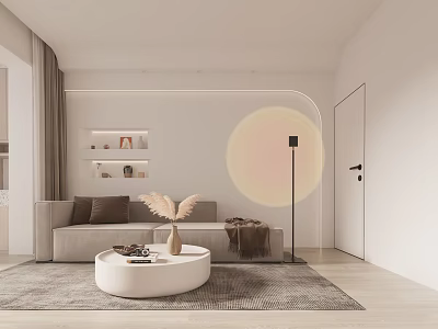 Modern Living Room with Beige Sofa Round Coffee Table Floor Lamp Circular Wall and Rug 3d model
