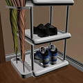 White Three Tier Shoe Rack With Sneakers Leather Shoes And Hanging Umbrellas