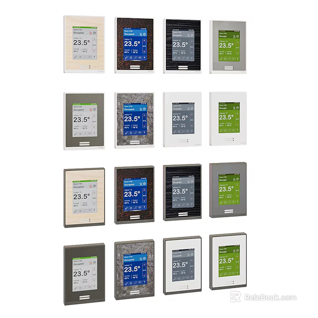 Thermostat Switch Panels In Various Modern Designs With Different Colors And Temperature Displays 3d model 