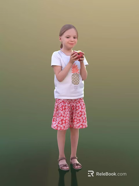Cute Little Girl Wearing White Pineapple T Shirt And Red Floral Skirt Holding Apple 3d model 