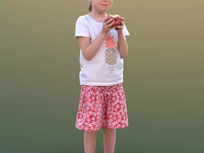 Cute Little Girl Wearing White Pineapple T Shirt And Red Floral Skirt Holding Apple 3d model