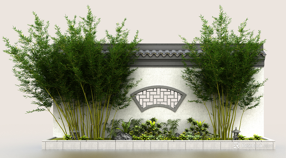 Traditional Garden Wall Design With Fan Shaped Hollowed Lattice Window Bamboo Plants And Green Foliage 3d model 