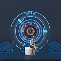Future Technology Circular Display With Neon Lights And Woman Sitting 3d model