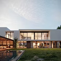Modern Detached Villa With Open Layout Floor to Ceiling Windows Swimming Pool And Lawn