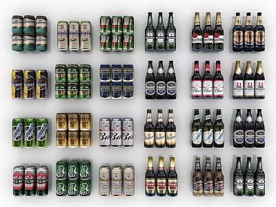 Assorted Wine Bottles in Various Colors and Designs Arranged in Rows 3d model