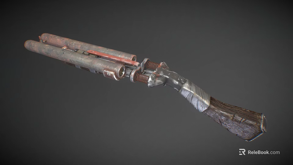 Rusty Double Barrel Shotgun With Metal Barrels Red Parts Wooden Stock And Worn Details 3d model 