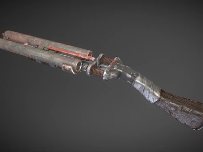 Rusty Double Barrel Shotgun With Metal Barrels Red Parts Wooden Stock And Worn Details 3d model