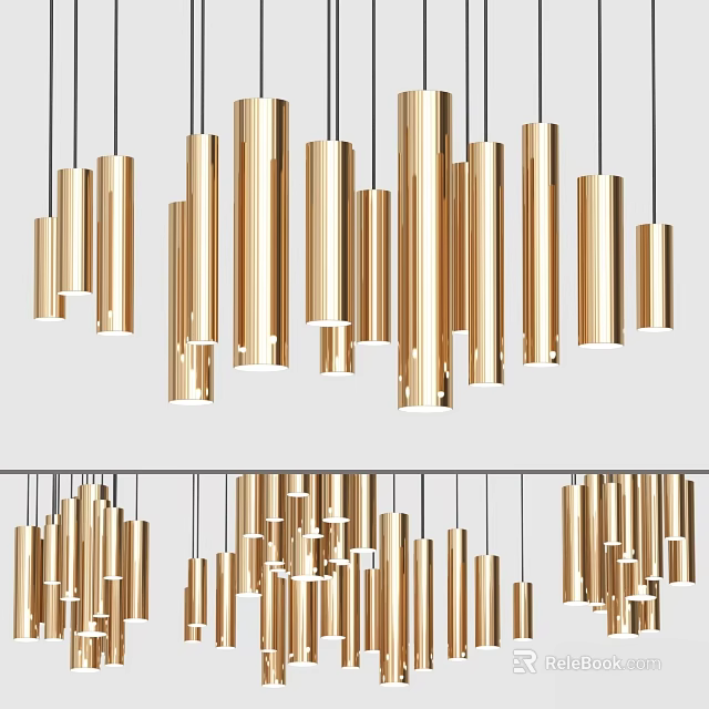 Modern Golden Cylindrical Pendant Lights Grouped For Interior Decor Design 3d model