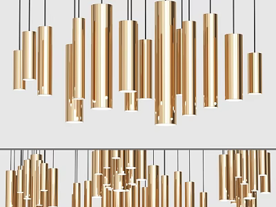 Modern Golden Cylindrical Pendant Lights Grouped For Interior Decor Design 3d model