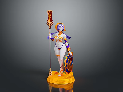Woman Figure in Gold and Purple Outfit Holding Staff and Shield on Golden Base 3d model