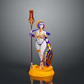 Woman Figure in Gold and Purple Outfit Holding Staff and Shield on Golden Base