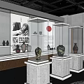 Traditional Chinese Art Exhibition Hall Interior With Ceramic Vases Paintings And Display Shelves