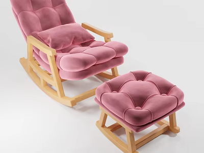 Comfortable Casual Sofa Set with Rocking Chair Ottoman Pink Cushions and Wooden Frame 3d model