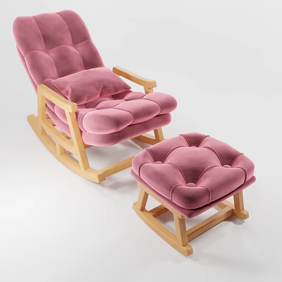Comfortable Casual Sofa Set with Rocking Chair Ottoman Pink Cushions and Wooden Frame 3d model