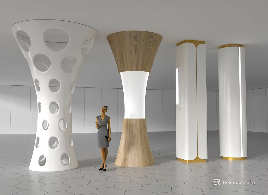 Modern Architectural Columns With Perforated Wooden And White Gold Accented Designs In Interior Space 3d model 