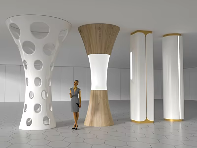 Modern Architectural Columns With Perforated Wooden And White Gold Accented Designs In Interior Space 3d model