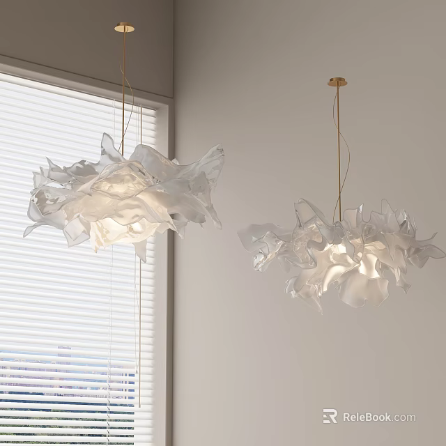 White Pleated Petal Shaped Chandeliers Hanging In Modern Interior With Window Blinds 3d model 