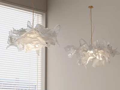 White Pleated Petal Shaped Chandeliers Hanging In Modern Interior With Window Blinds 3d model