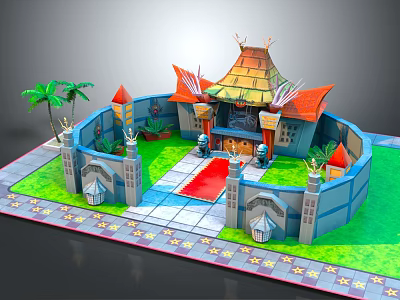 Colorful Castle Style Building With Circular Layout Red Roofs Towers Green Lawn And Palm Trees 3d model