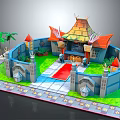 Colorful Castle Style Building With Circular Layout Red Roofs Towers Green Lawn And Palm Trees