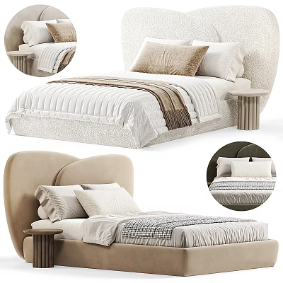 Modern Double Bed Interior with Upholstered Headboard Layered Pillows Textured Bedspread and Minimalist Bedside Table 3d model