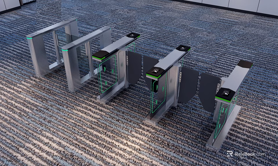 Modern Access Control Turnstiles With Glass Panels And Green Indicator Lights On Carpeted Floor 3d model 