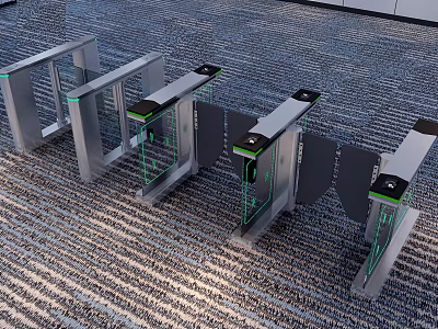 Modern Access Control Turnstiles With Glass Panels And Green Indicator Lights On Carpeted Floor 3d model