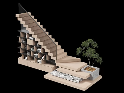 Modern Staircase With Wooden Steps Glass Railing Storage Shelves And Potted Plant 3d model