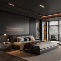 Modern Bedroom Interior Design With Large Bed Dark Wooden Wall Area Rug And Window