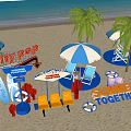 City Pop Themed Beach Setting With Palm Trees Surfboards Sun Umbrellas Benches And Cactus Decorations