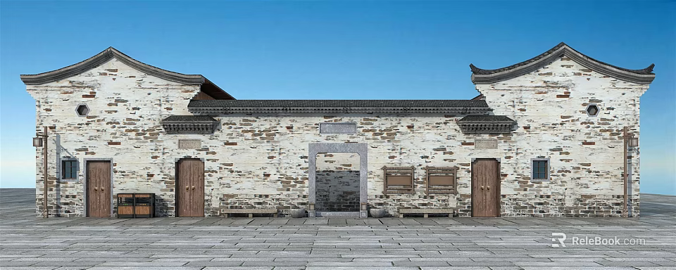 Traditional Building Exterior Wall Featuring Stone Brick Surface Wooden Doors And Chinese Roof 3d model 