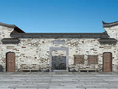 Traditional Building Exterior Wall Featuring Stone Brick Surface Wooden Doors And Chinese Roof 3d model