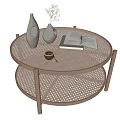 Round Woven Coffee Table With Two Tier Wooden Legs White Vases Coffee Cup Open Book