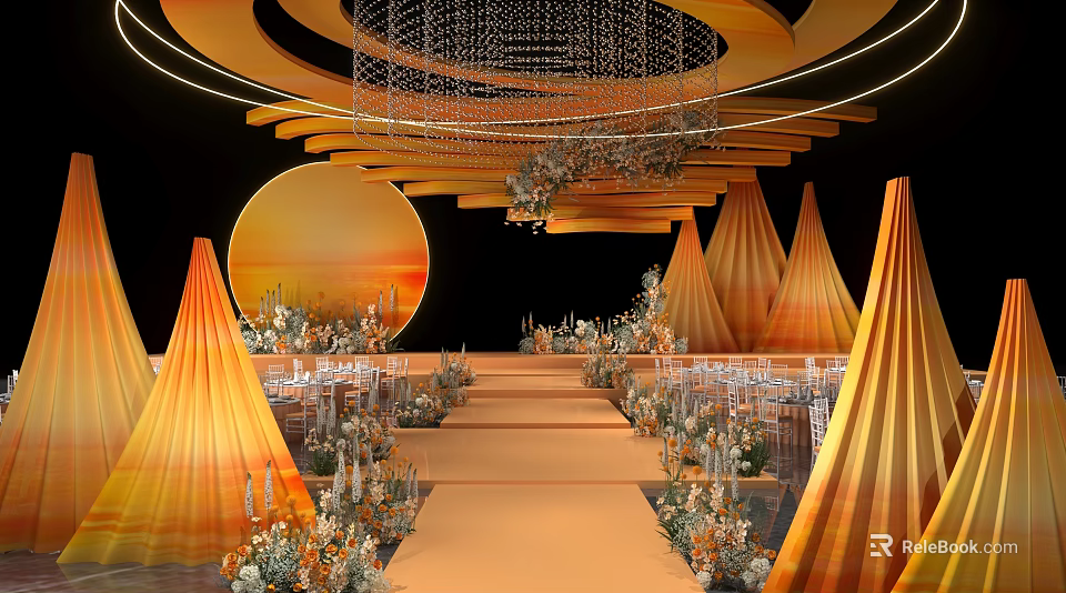 Elegant Banquet Hall With Orange Tents Circular Sunset Decoration Crystal Chandelier And Flower Arrangements 3d model 